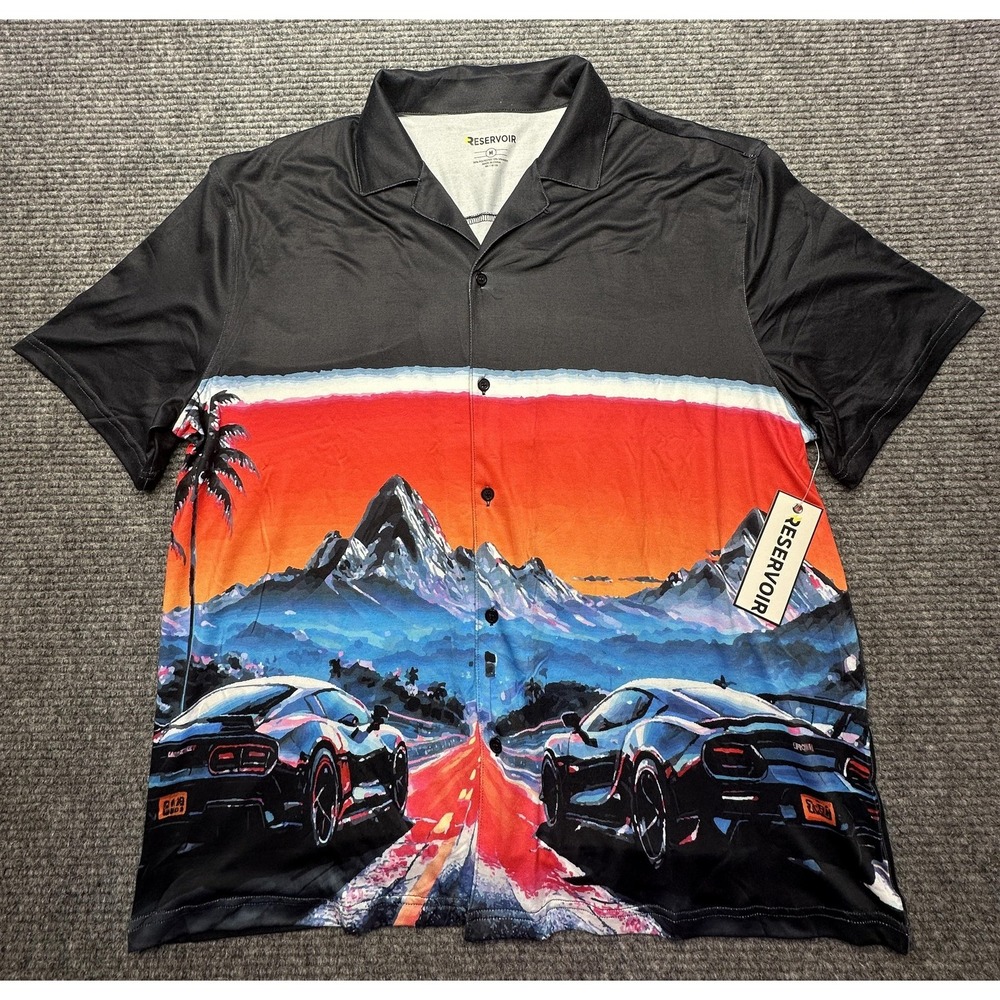 RESERVOIR Shirt Mens Medium Black Car Graphic Sunset Button Front Stretch Jersey